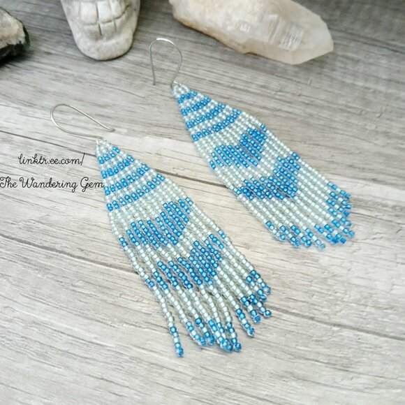 Boho Beaded Heart Fringe Cascade Shoulder Duster Dangle Earrings 4" - Picture 6 of 9